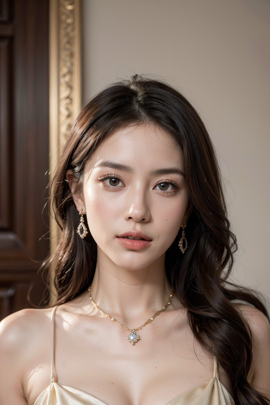 (best quality,4k,8k,highres,masterpiece:1.2),ultra-detailed,(realistic,photorealistic,photo-realistic:1.37),portrait,alluring and elegant Asian woman,glamorous evening attire,Ondas e Nuances,detailed symmetric dark brown eyes,circular iris,vivid colors,luxurious indoor setting,soft warm lighting,rosy cheeks,pure background with red and gold hues,soft natural lighting,grace and allure,shimmering eyes,confident and serene expression,red satin dress with delicate straps,holding a red rose,diamond necklace and earrings,glowing skin,long wavy black hair,subtle makeup highlighting her features,charm and sophistication in her gaze,striking beauty,elegant and enchanting ambiance.
