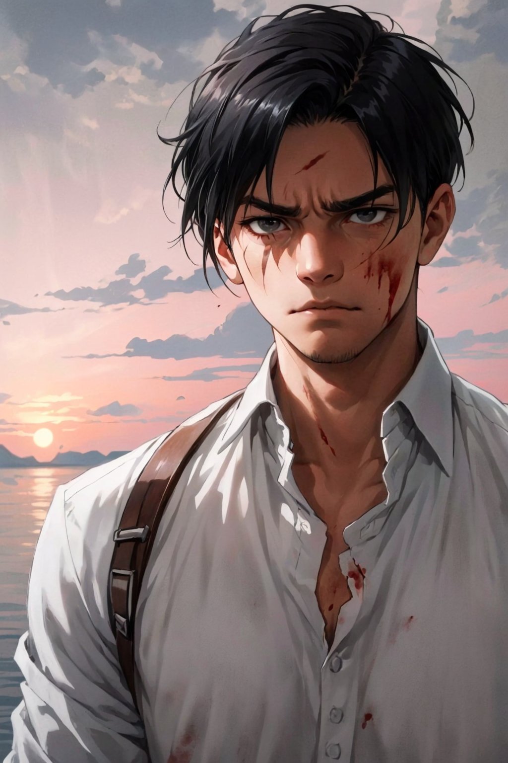 Levi Ackerman,, short hair, black hair, dull black eyes,  intense gaze, pure white collared shirt,(black eye bandage on righteye), (AttackonTitan, wearing Omni-directional mobility gear), fit body, 34 years old, charming, alluring, dejected, depressed, sad, calm eyes, (standing), (upper body in frame), simple background, endless ocean, pink cloudy sky, dawn, 1910s harbor, only1 image, perfect anatomy, perfect proportions, perfect perspective, 8k, HQ,  look at viewer, scars on face, weathered, wounds, blood