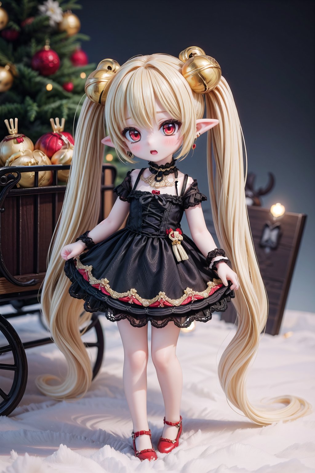 Yaoyao_Impact, red eyes, (((very long blonde hair))), twintails, full_body, sleigh bell, blurry_background, loli, blush, open mouth, hair ornament, earrings, pointy ears, (((gothic theme))), (((dark theme))), (light blue blue dress), (princess, dress), red shoes, standing_up,