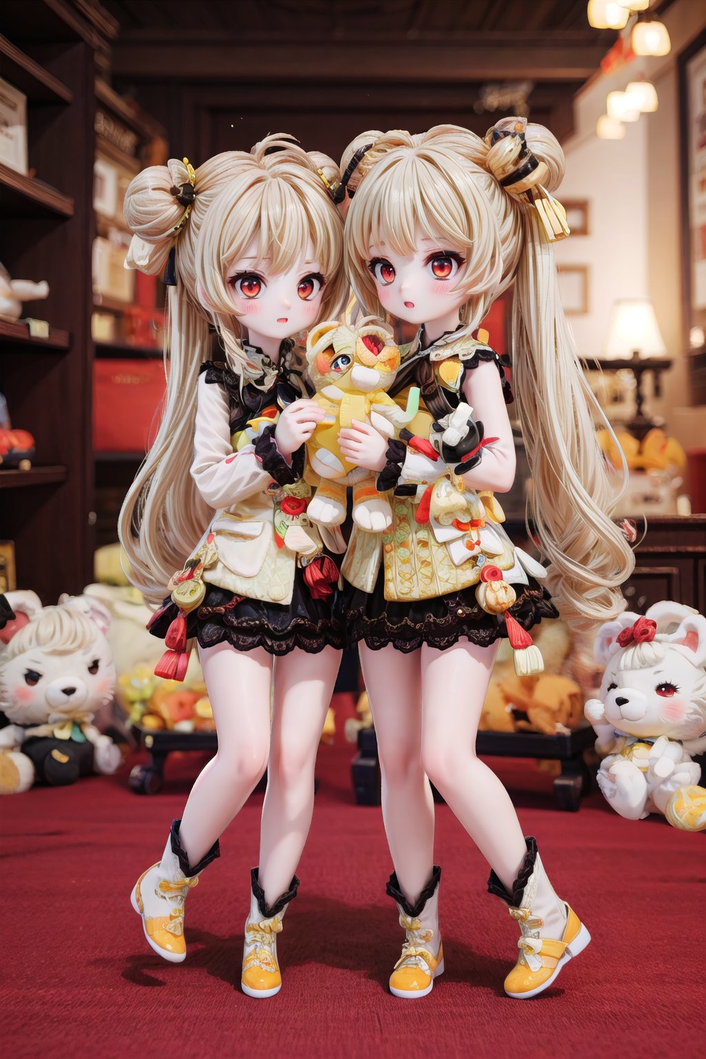 Yaoyao_Impact, red eyes, very long blonde hair, twintails, full_body, blurry_background, loli, blush, stuffed toy, stuffed animal, holding stuffed animal in 2 hands,