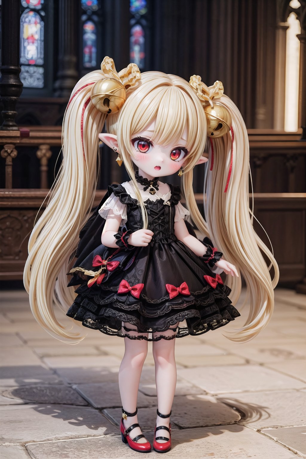 Yaoyao_Impact, red eyes, (((very long blonde hair))), twintails, full_body, sleigh bell, blurry_background, loli, blush, (Hands:1.1), better_hands, open mouth, hair ornament, earrings, pointy ears, (((dark gothic cathedral interior))), (black wedding_dress), red shoes, standing_up,