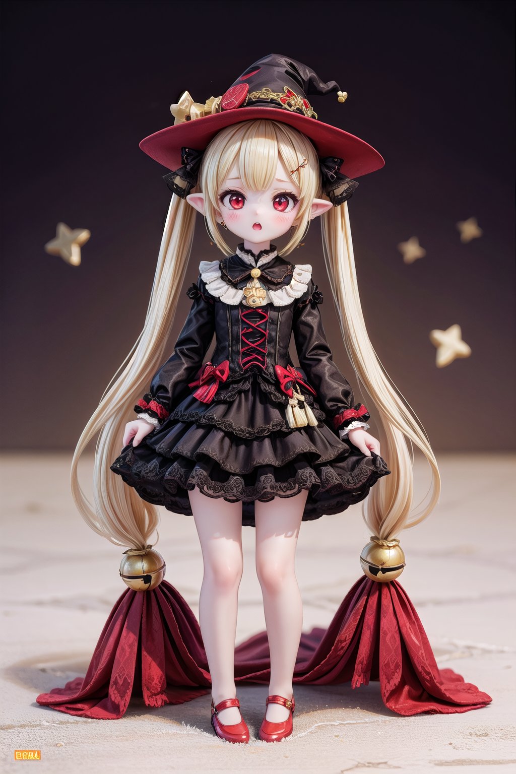 Yaoyao_Impact, red eyes, (((very long blonde hair))), twintails, full_body, sleigh bell, blurry_background, loli, blush, open mouth, hair ornament, earrings, pointy ears, (((gothic theme))), (((dark theme))), (witch dress), (witch hat), red shoes, standing_up,