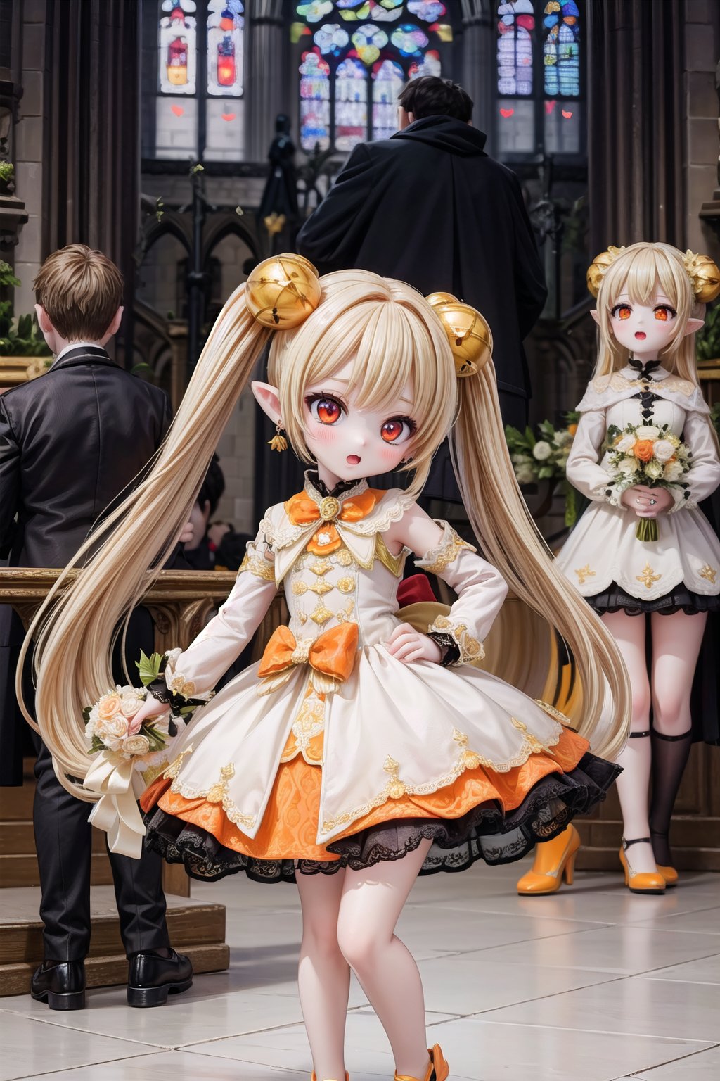 Yaoyao_Impact, red eyes, (((very long blonde hair))), twintails, full_body, sleigh bell, blurry_background, loli, blush, (Hands:1.1), better_hands, open mouth, hair ornament, earrings, pointy ears, (((dark gothic cathedral interior))), (((orange wedding_dress))), (((orange shoes))), standing_up,