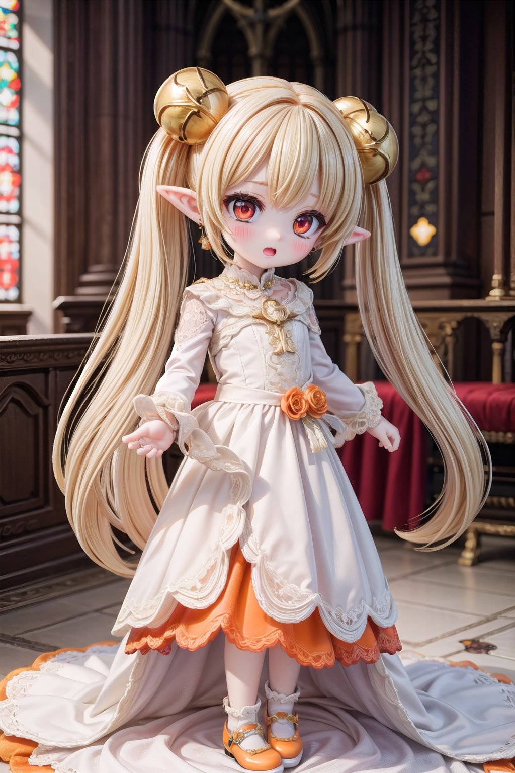 Yaoyao_Impact, red eyes, (((very long blonde hair))), twintails, full_body, sleigh bell, blurry_background, loli, blush, (Hands:1.1), better_hands, open mouth, hair ornament, earrings, pointy ears, (((dark gothic cathedral interior))), (((orange wedding_dress))), (((orange shoes))), standing_up,