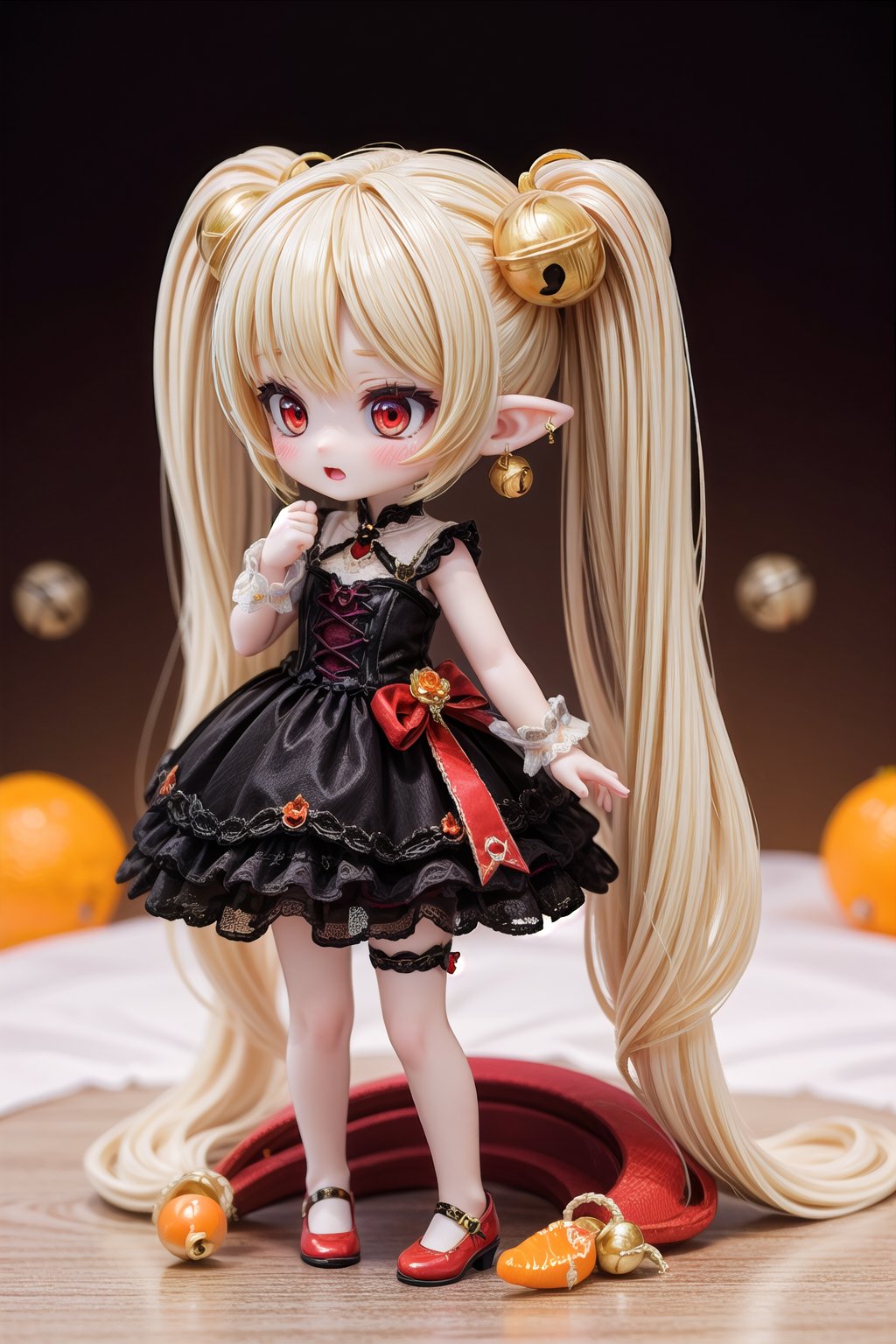 Yaoyao_Impact, red eyes, (((very long blonde hair))), twintails, full_body, sleigh bell, blurry_background, loli, blush, open mouth, hair ornament, earrings, pointy ears, (((gothic theme))), (((dark theme))), (((orange wedding_dress))), red shoes, standing_up,