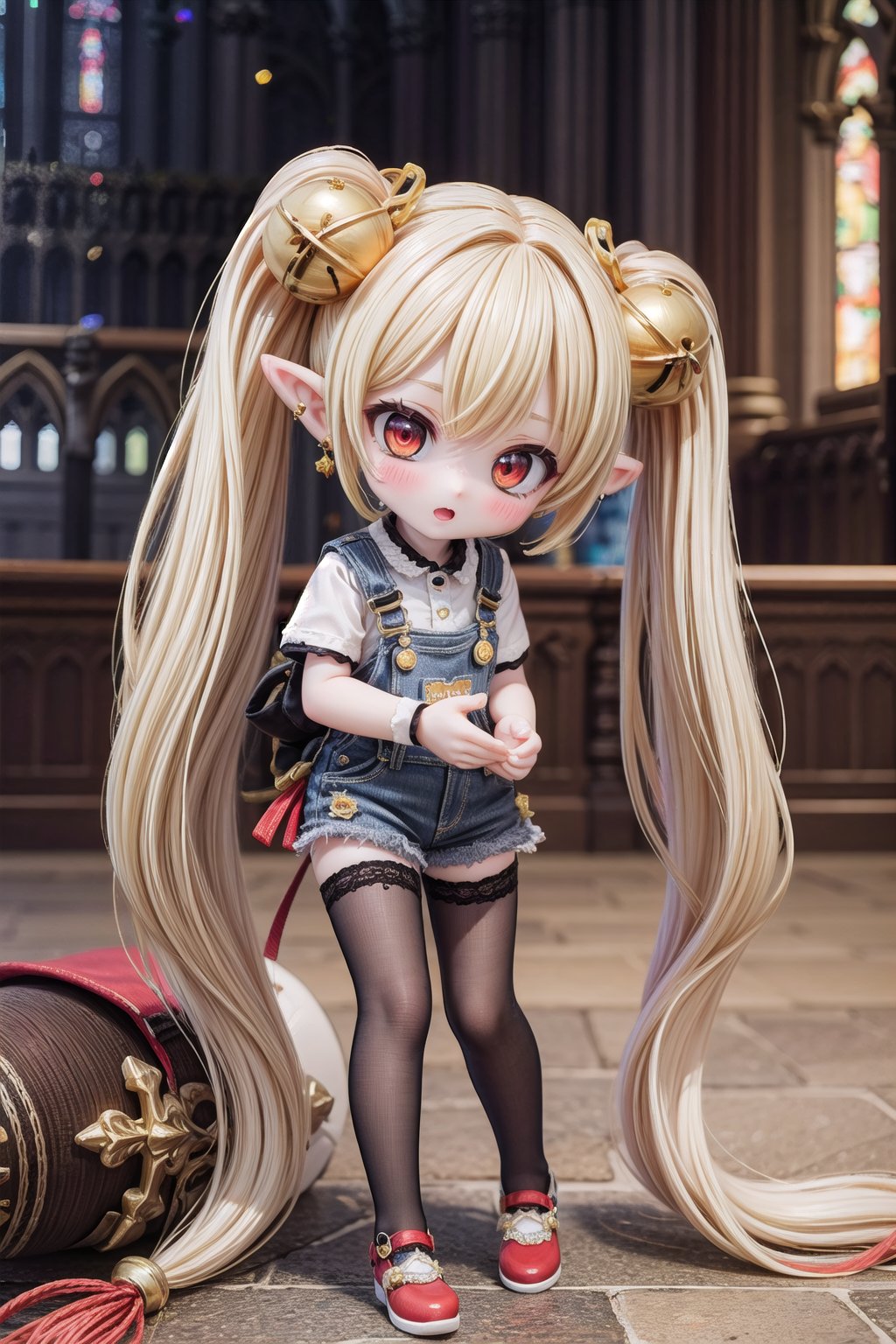 Yaoyao_Impact, red eyes, (((very long blonde hair))), twintails, full_body, sleigh bell, blurry_background, loli, blush, (Hands:1.1), better_hands, open mouth, hair ornament, earrings, pointy ears, (((dark gothic cathedral interior))), (blue overalls), red shoes, standing_up,