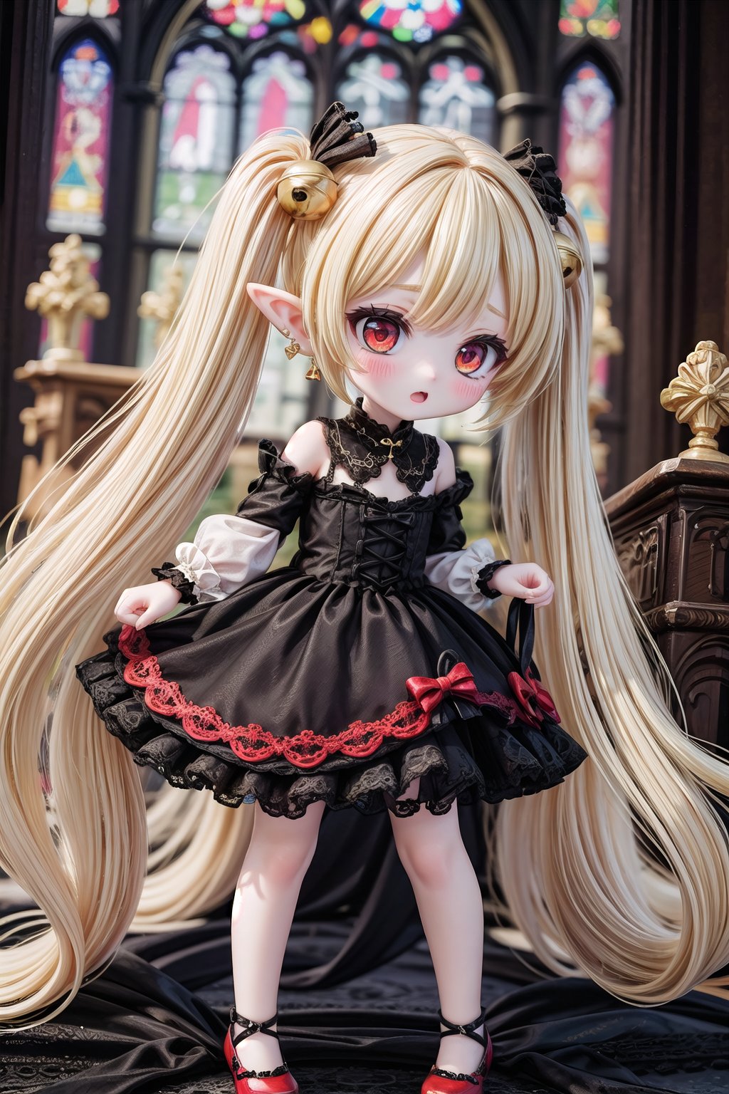 Yaoyao_Impact, red eyes, (((very long blonde hair))), twintails, full_body, sleigh bell, blurry_background, loli, blush, (Hands:1.1), better_hands, open mouth, hair ornament, earrings, pointy ears, (((dark gothic cathedral interior))), (black wedding_dress), red shoes, standing_up,