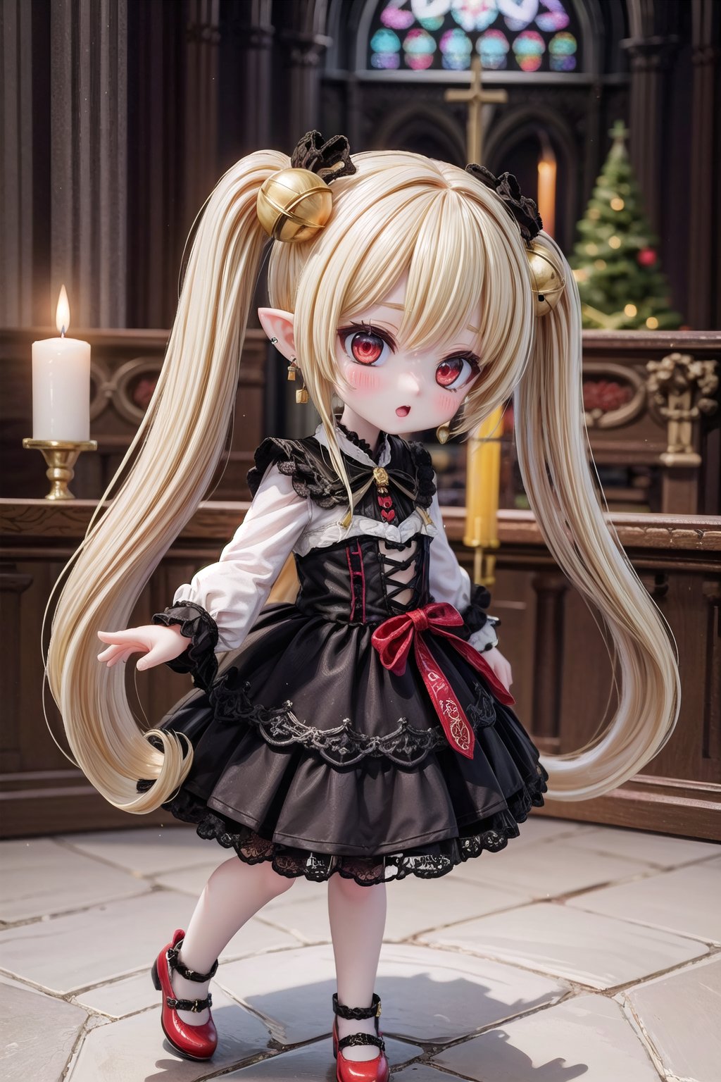 Yaoyao_Impact, red eyes, (((very long blonde hair))), twintails, full_body, sleigh bell, blurry_background, loli, blush, (Hands:1.1), better_hands, open mouth, hair ornament, earrings, pointy ears, (((dark gothic cathedral interior))), (black wedding_dress), red shoes, standing_up,