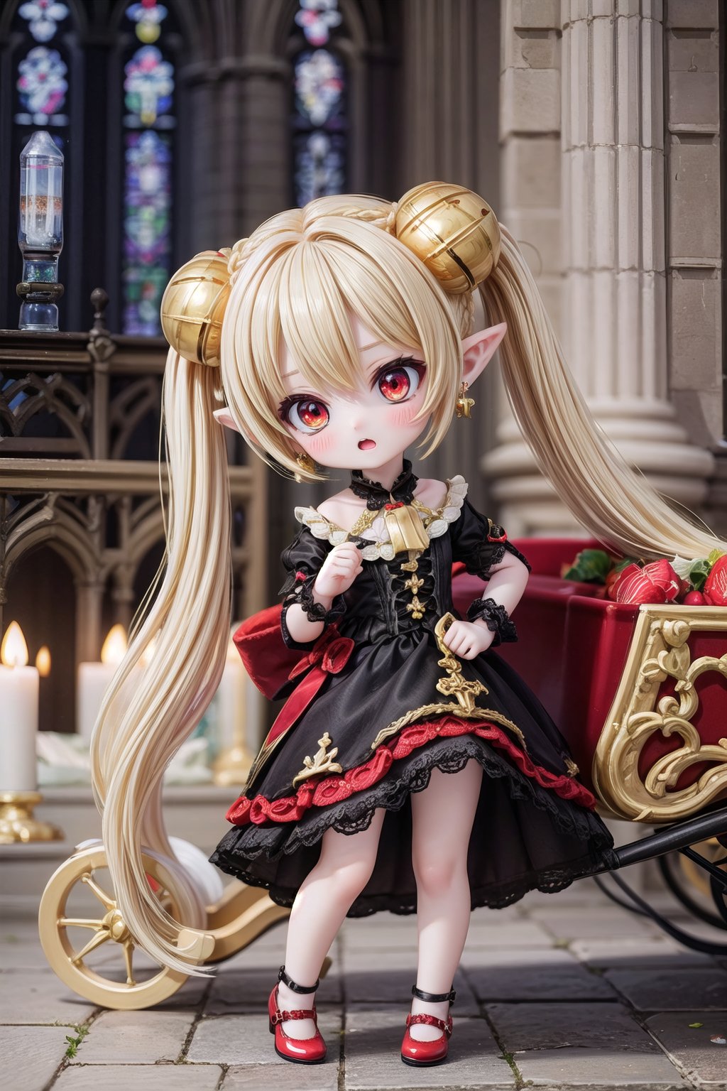 Yaoyao_Impact, red eyes, (((very long blonde hair))), twintails, full_body, sleigh bell, blurry_background, loli, blush, (Hands:1.1), better_hands, open mouth, hair ornament, earrings, pointy ears, (((dark gothic cathedral interior))), (black wedding_dress), red shoes, standing_up,