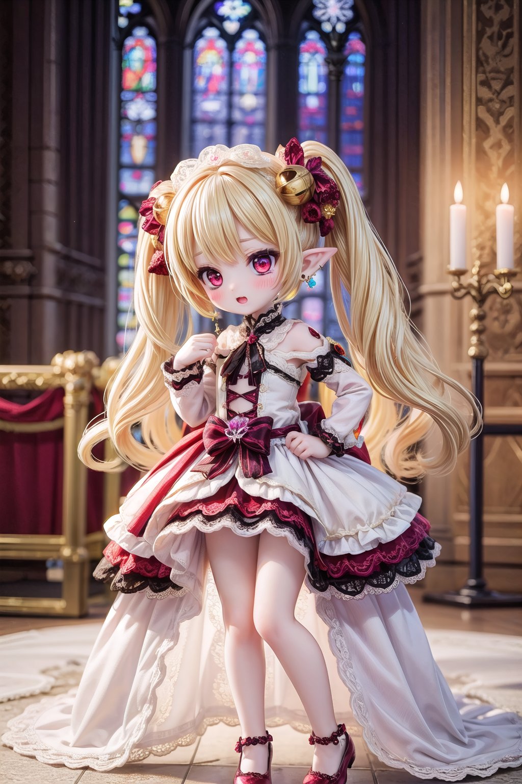 Yaoyao_Impact, red eyes, (((very long blonde hair))), twintails, full_body, sleigh bell, blurry_background, loli, blush, (Hands:1.1), better_hands, open mouth, hair ornament, earrings, pointy ears, (((dark gothic cathedral interior))), (((magenta wedding_dress))), (((magenta shoes))), standing_up,