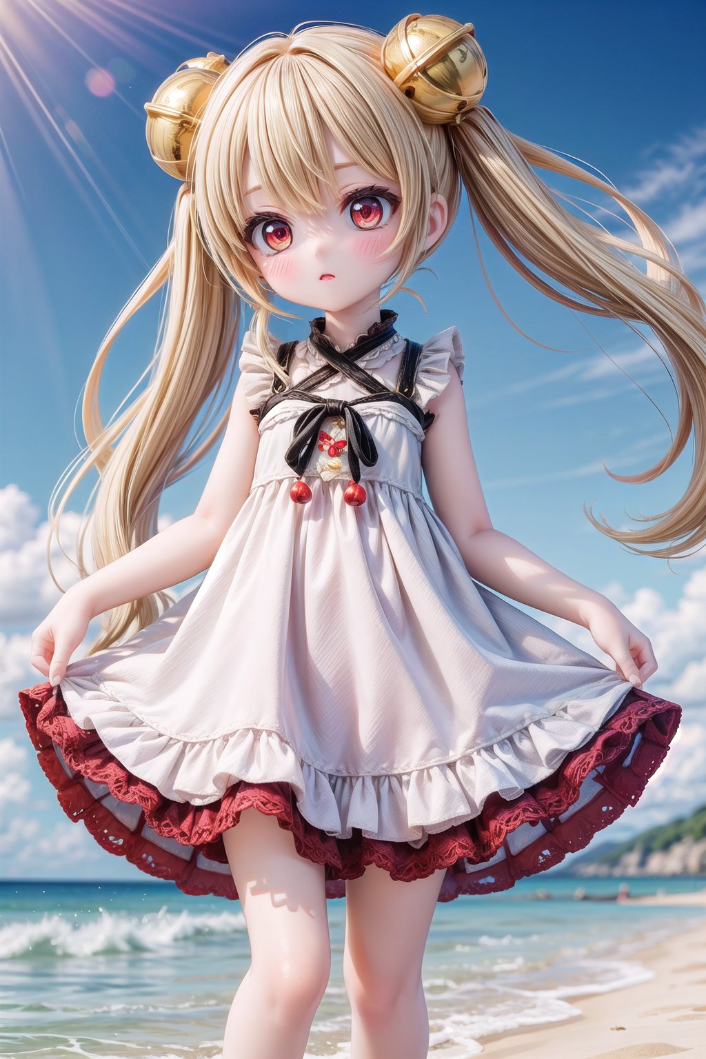 Yaoyao_Impact, red eyes, very long blonde hair, twintails, full_body, sleigh bell, blurry_background, loli, blush, (beach theme), wearing in a summer dress, silk dress, cute sundress, cute dress, beautiful silky dress, sundress, in a dress, beautiful soft silky dress, flowing dress, soft cute colors, wearing sundress,