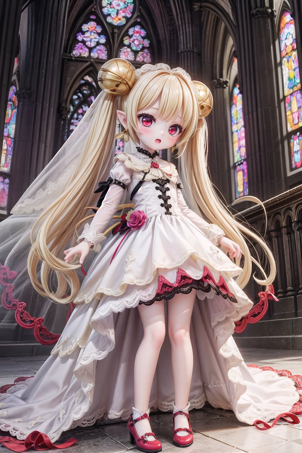 Yaoyao_Impact, red eyes, (((very long blonde hair))), twintails, full_body, sleigh bell, blurry_background, loli, blush, (Hands:1.1), better_hands, open mouth, hair ornament, earrings, pointy ears, (((dark gothic cathedral interior))), (((magenta wedding_dress))), red shoes, standing_up,