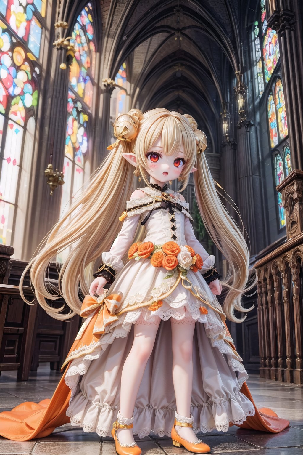 Yaoyao_Impact, red eyes, (((very long blonde hair))), twintails, full_body, sleigh bell, blurry_background, loli, blush, (Hands:1.1), better_hands, open mouth, hair ornament, earrings, pointy ears, (((dark gothic cathedral interior))), (((orange wedding_dress))), (((orange shoes))), standing_up,