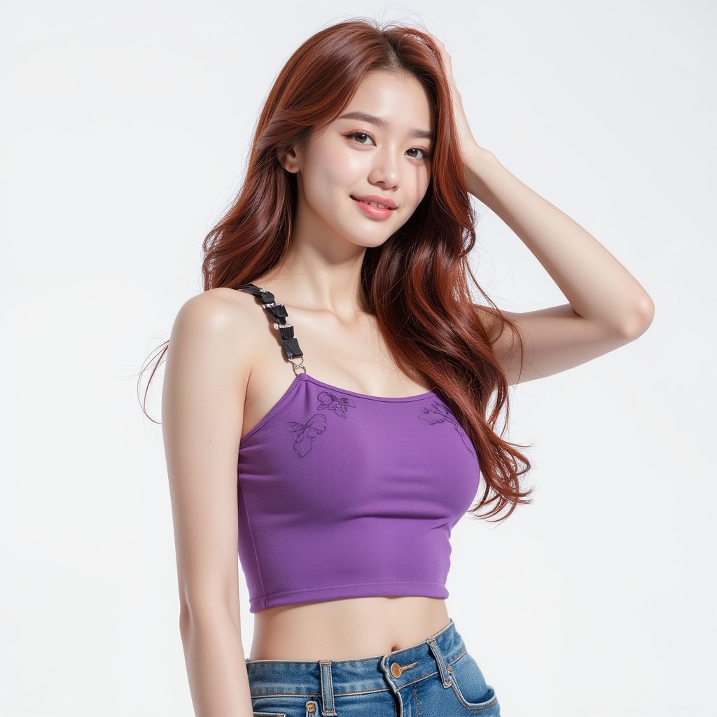 A beautiful Korean idol girl with long, flowing red-brown curly hair cascading down her shoulders, wearing a vibrant purple butterfly-screen tube top adorned with 2-3 stylish black bows tied at the back. She is dressed in a fashionable short denim skirt that complements her youthful look. The girl is standing sideways, showcasing her figure while smiling radiantly, exuding charm and confidence. The setting features a clean white background to enhance the focus on her outfit and expression, capturing the essence of contemporary K-pop fashion,wonder beauty,hubggirl,dynamixpoze,(masterpiece:1.3), (8k, photorealistic, RAW photo, best quality: 1.4), (1girl), beautiful face, (realistic face), beautiful hairstyle, realistic eyes, beautiful detailed eyes, (realistic skin), beautiful skin, clean skin, ultra high res, ultra realistic, hightly detailed, golden ratio, K_GIRL,(masterpiece:1.3), (8k, photorealistic, RAW photo, best quality: 1.4), (1girl), beautiful face, (realistic face), beautiful hairstyle, realistic eyes, beautiful detailed eyes, (realistic skin), beautiful skin, clean skin, ultra high res, ultra realistic, hightly detailed, golden ratio,realhands,1 girl,solo,Enhanced all