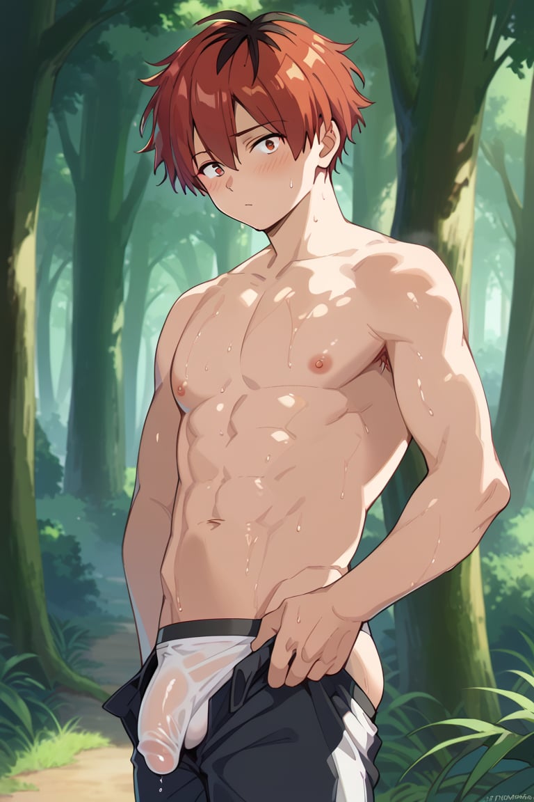 score_9, score_8_up, score_7_up, masterpiece, best quality, 1boy, male_focus, looking_at_viewer, forest, blushing, modeling, posing, jock_strap, large_cock, erect_cock, crotch_bulge, sweating, armpits, sweating, musk, musky,oiled skin,shiny skin,wet skin, guy_pants, pants pull, bulge, male underwear, open pants, pants lift, bulge lift
stark_sousou_no_frieren,red hair,red eyes,
