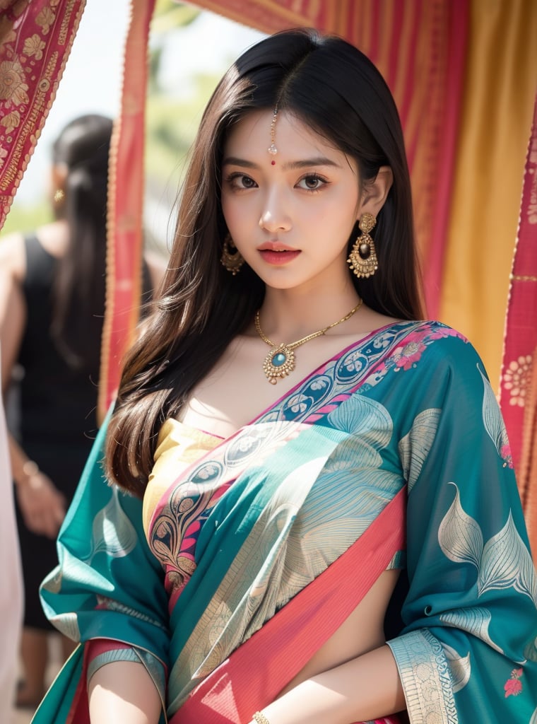 A young indian girls 24 years old, dressed in a vibrant, indian Saree with swirling patterns of pink,and teal. Her long, flowing hair cascades down her shoulders, complementing the intricate design of her outfit. The background mirrors the psychedelic patterns of her attire, creating a seamless, mesmerizing effect. The woman's expression is calm and confident, her gaze directed towards the viewer. The overall scene exudes a sense of bold, artistic flair and modern fashion.