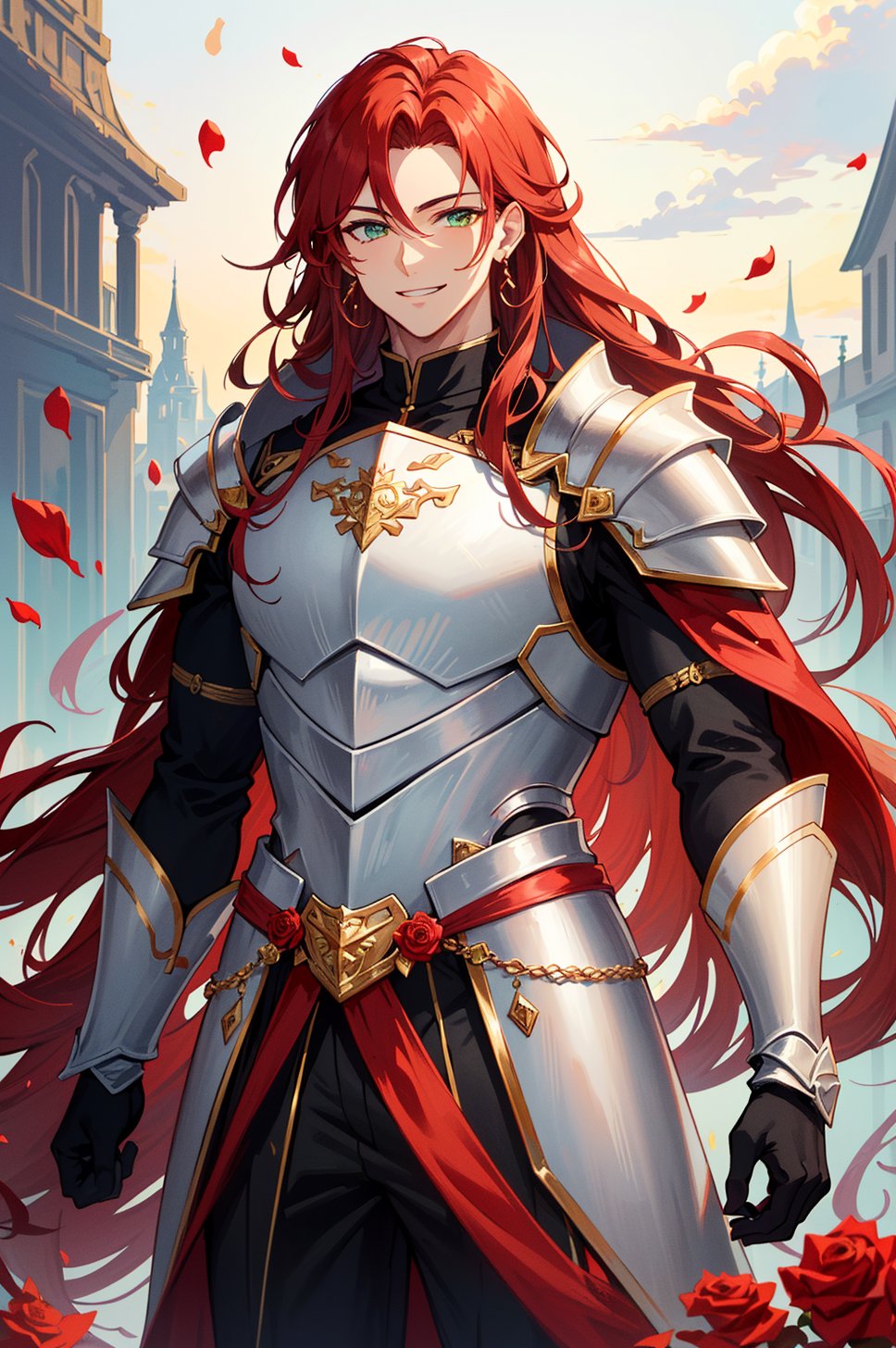 1 very handsome man (Argenti),(Red long wavy hair),(light green eyes),(beautiful eyes),(Luxurious white Armor),(bodysuit inside),(Knight of beauty),(grab 1 red rose),(gorgeous),(calm),(extremely handsome),(muscular),(smile),(standing),(masculine),(rose petals),(Idrlia),(armor gloves),(golden round earrings)