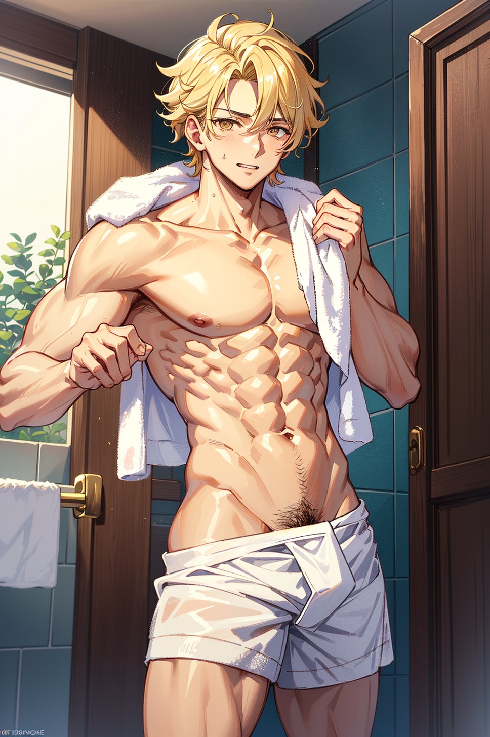 1 very handsome man (naked),(his hand cover his crotch),(embarrassed),(blonde hair),(golden eyes),(wavy hair),(hair set up),(abs),(towel on his shoulder),(bathroom),(little pubic hair),(happy trail)