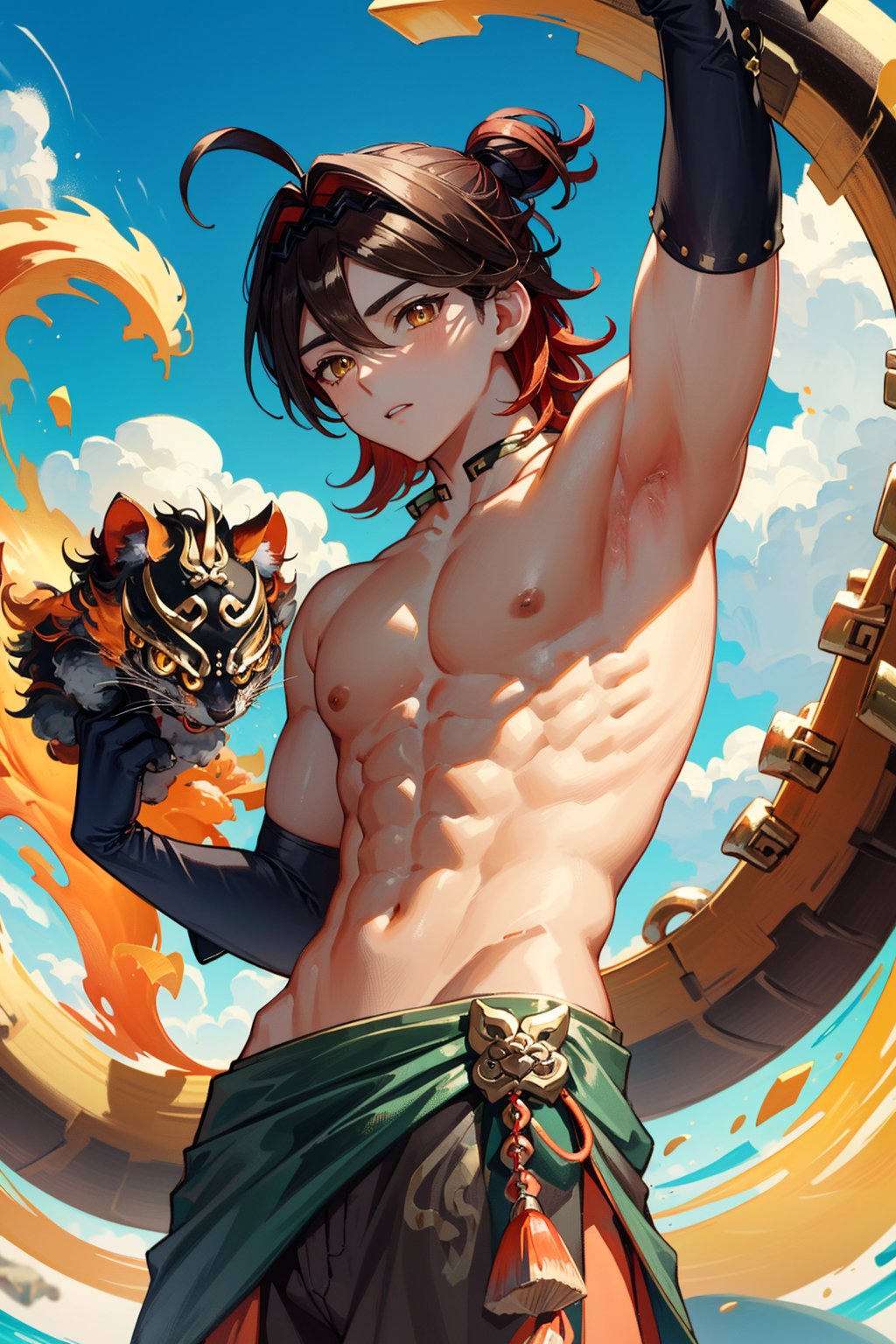 1 very handsome man. He has brown-red hair.Orange yellow eyes. Sharp eyes.Short, shoulder-length hair, tied in the back.Dragon dance. Shirtless. Nice Abs. Loin cloth 