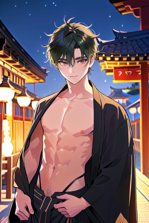 cute boy, He had hair parted to the side, black and green hair, and he wore a yukata that showed off his toned stomach. he is silly. He was walking at a temple fair and it was night. he is related to kitsune