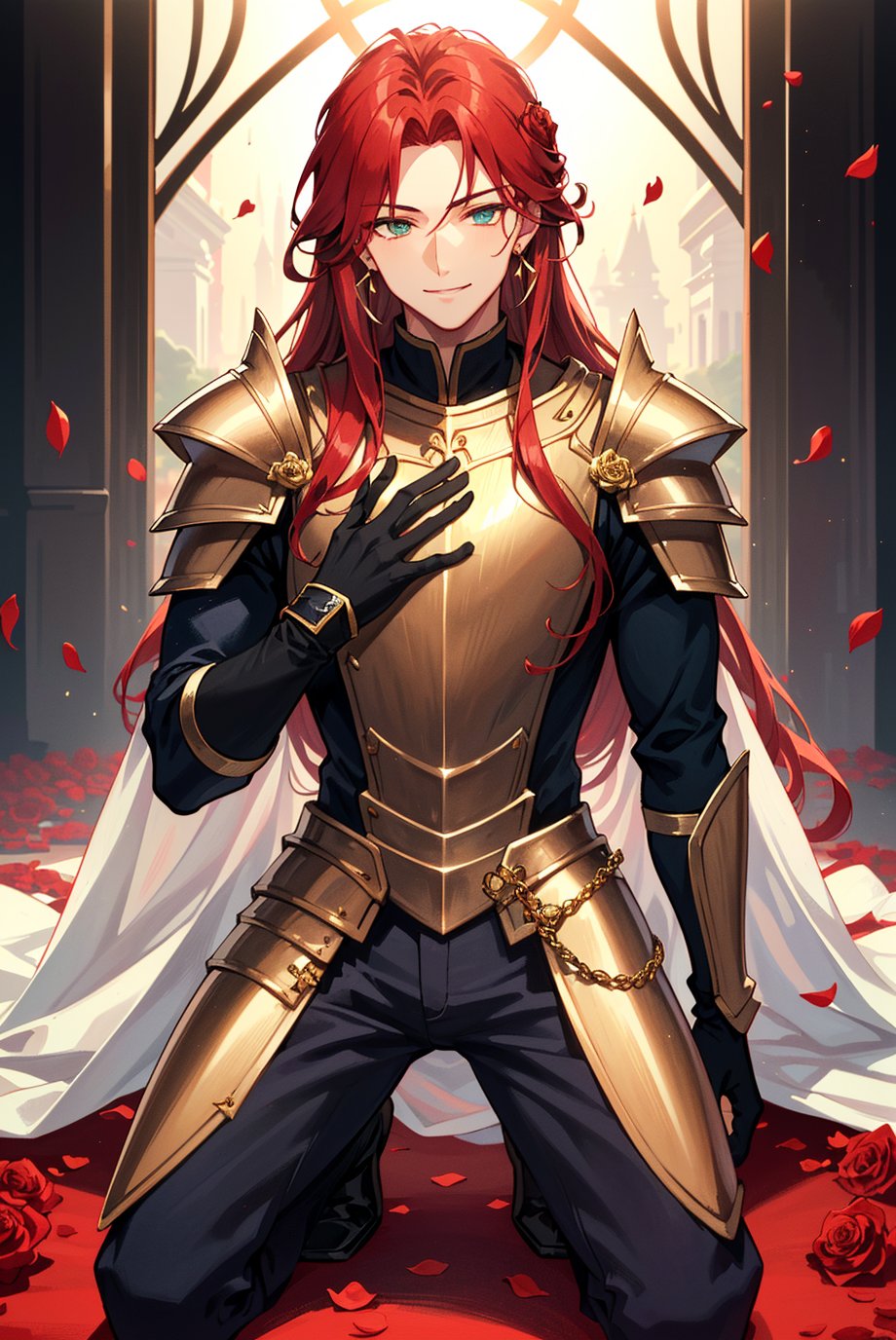 1 handsome boy (Argenti),(Red long wavy hair),(light green eyes),(beautiful eyes),(Luxurious Armor),(bodysuit inside),(Knight of beauty),(rose),(gorgeous),(calm),(handsome),(muscular),(smile),(Kneeling like a knight),(masculine),(rose petals),(Idrlia),(armor gloves),(golden round earrings)