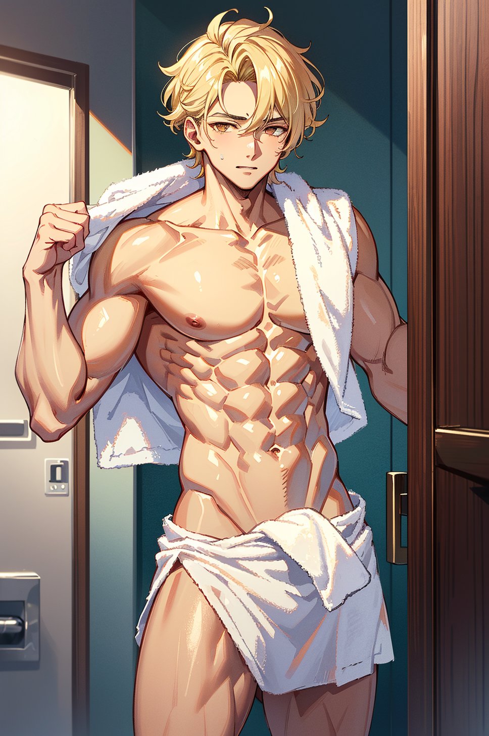 1 very handsome man (naked),(his towel cover his crotch),(embarrassed),(blonde hair),(golden eyes),(wavy hair),(hair set up),(abs),(towel is on his shoulder),(bathroom)