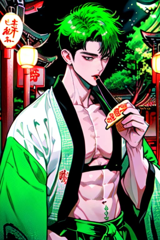 cute boy, He had hair parted to the side, black and green hair, and he wore a yukata that showed off his toned stomach. He was eating Hu Lu Tang. He was walking at a temple fair and it was night.