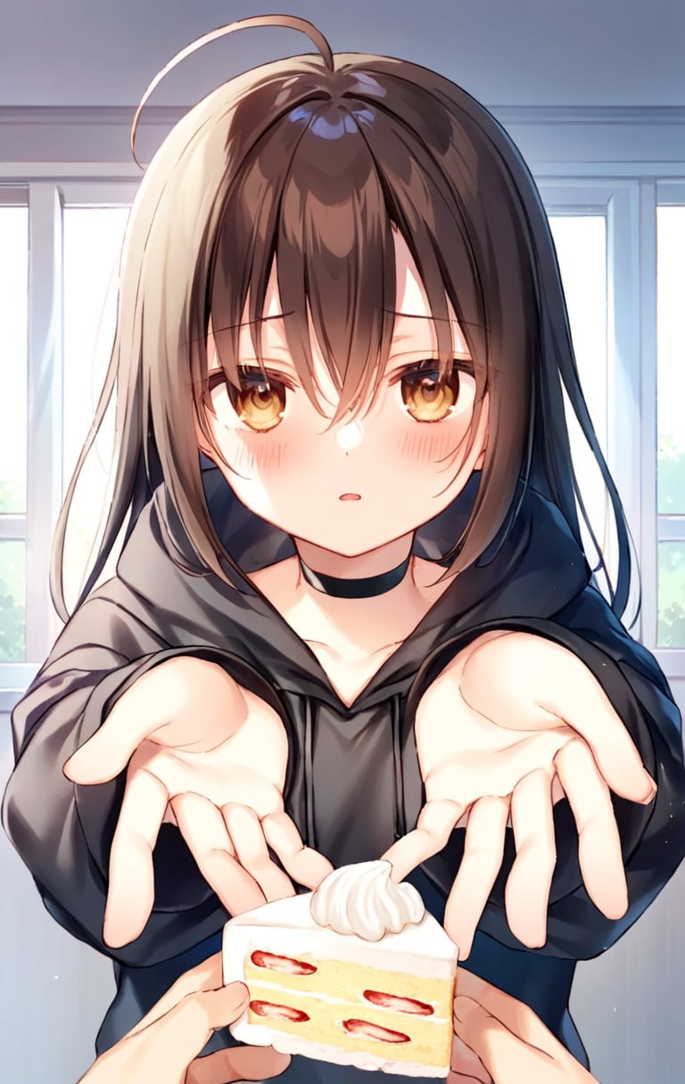 1girl, solo, loli, child, petite, ((Perfect Hands)), hand focus, 
long hair, dark brown hair, messy hair, ahoge, hair between eyes, brown eyes, bags under eyes, 
oversized hoodie, black hoodie, black choker, 
nervous, blush,  
small breasts,
looking at viewer, 
sitting, 
parted lips,
1boy, out of frame, pov, pov hands, holding, holding cake slice, giving,
toosaka asagi, hiten \(hitenkei\),
upperbody, 
detailed background, indoors, window, 
Masterpiece, 
insanely detailed, 8k, 4k, 
absurdres, 
recent, newest,
safe,