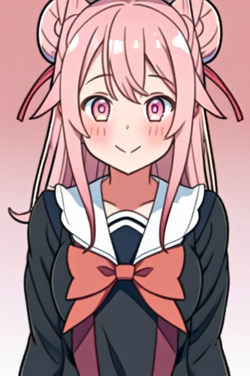 1girl, solo, long hair, looking at viewer, blush, smile, bangs, simple background, white background, bow, ribbon, closed mouth, upper body, pink hair, hair bow, virtual youtuber, pink eyes, hair bun, double bun, black bow,Yandere Simulator Style 