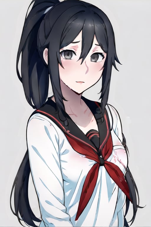 1girl, solo, long hair, breasts, looking at viewer, blush, simple background, black hair, bow, hair between eyes, medium breasts, school uniform, upper body, ponytail, sidelocks, parted lips, serafuku, grey background, black eyes, neckerchief, grey eyes,Yandere Simulator Style 