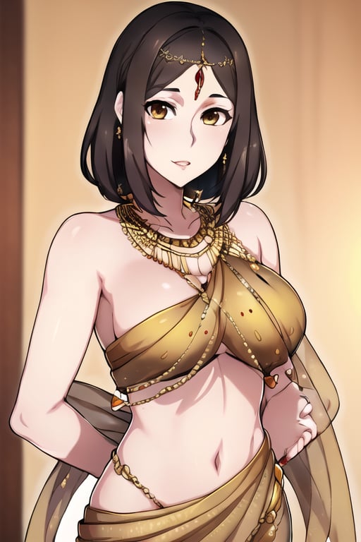 identical face, a 35year gorgeous woman with dark hair, elegant indian- woman, tight thai,  dark brown aerola, realistic, body height 5.5 feet, realistic image, yellow saree red blause, gold necklace, diamond bracelet,hot look,Yandere Simulator Style 