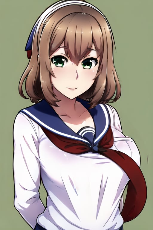 1girl, solo, breasts, looking at viewer, smile, large breasts, simple background, brown hair, school uniform, green eyes, upper body, hairband, serafuku, neckerchief, green background, pocket,Yandere Simulator Style 