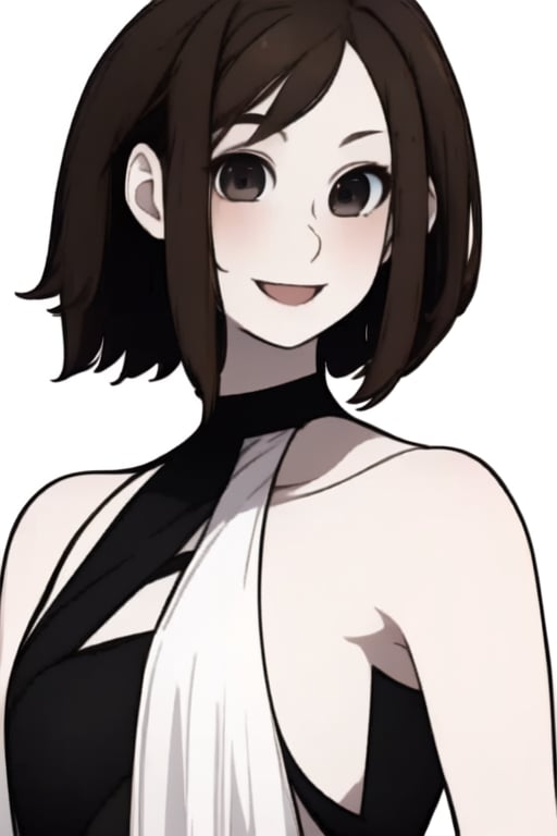 1Girl, Solo, Pale skin, brown hair, short hair, black eyes, white long dress, upper body, smile 