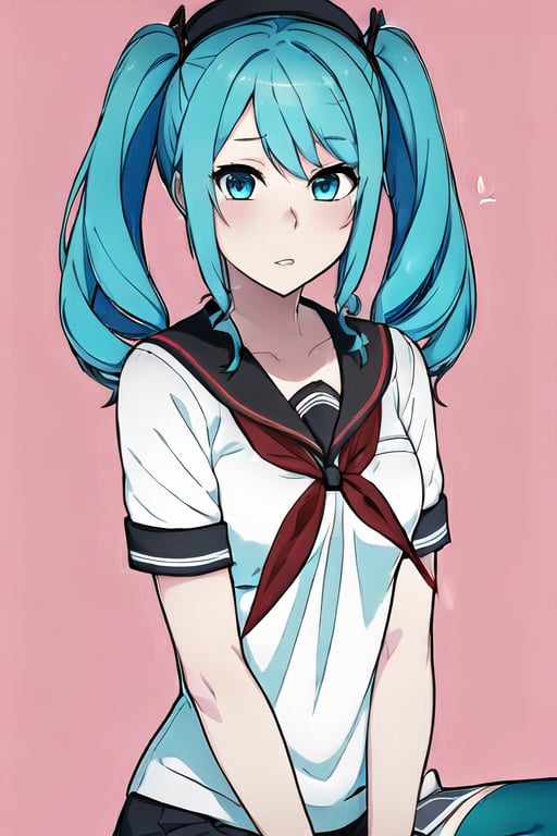 1girl, solo, long hair, looking at viewer, blush, bangs, blue eyes, simple background, shirt, twintails, sitting, school uniform, blue hair, collarbone, white shirt, upper body, short sleeves, heart, parted lips, serafuku, socks, sailor collar, neckerchief, kneehighs, drill hair, pink background, twin drills, red neckerchief, black sailor collar, hatsune miku,Yandere Simulator Style 