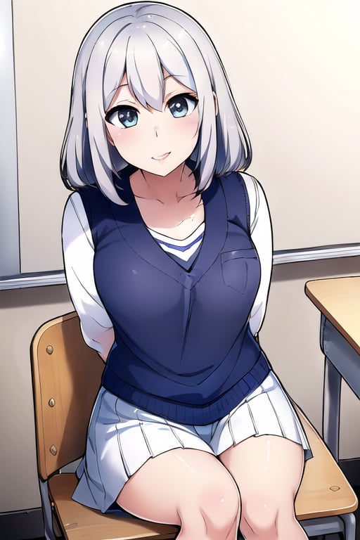 A young girl sits confidently in a sunny classroom, her bright smile illuminating the upper half of her face as she looks directly at the camera. She wears a crisp white blouse and a pleated skirt, the school uniform's subtle details adding to the scene's charm.