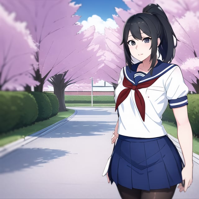 1girl, solo, skirt, black hair, school uniform, pantyhose, outdoors, sky, serafuku, day, Ponytail, black eyes, tree, black pantyhose, cherry blossoms, road,Yandere Simulator Style 