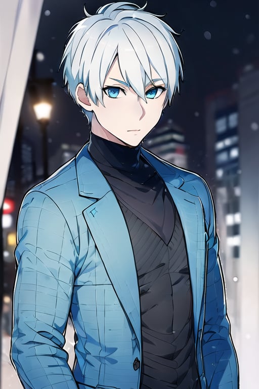 (((perfect pixels, perfect details))), alone, 1 boy, short hair, white hair, hair on one side, spiky hair, pixie cut light blue eyes, black scarf, blue and black jacket, black pants, in a city snowfall,nodf_lora,blue eyes