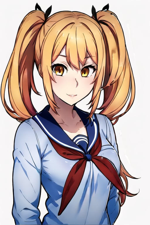 1Girl, Solo, school uniform, smile, upper body, Yellow hair, orange eyes,long hair, twintails,Yandere Simulator Style 