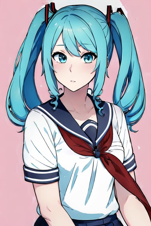 1girl, solo, long hair, looking at viewer, blush, bangs, blue eyes, simple background, shirt, twintails, sitting, school uniform, blue hair, collarbone, white shirt, upper body, short sleeves, heart, parted lips, serafuku, socks, sailor collar, neckerchief, kneehighs, drill hair, pink background, twin drills, red neckerchief, black sailor collar, hatsune miku