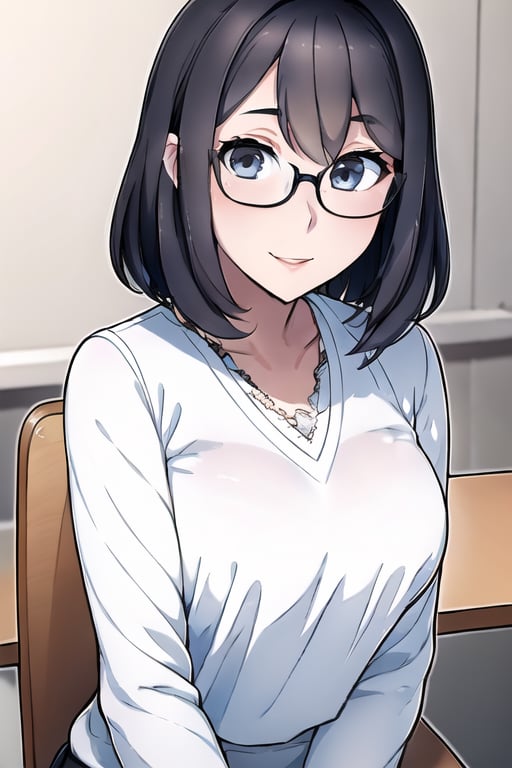 A close-up shot of a solo girl, mid-20s, dressed in a crisp white blouse and dark slacks, sitting at a desk with a stack of textbooks. She's wearing a pair of trendy glasses perched on the end of her nose and has a warm, inviting smile spreading across her face as she looks directly at the camera.