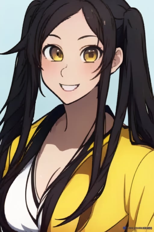 1Girl, Solo, Black hair, Twintails, brown eyes, 
yellow Jacket , upper body, smile.,Yandere Simulator Art Style 