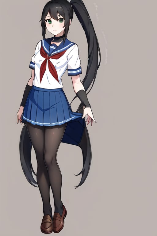 1girl, solo, long hair, looking at viewer, skirt, simple background, black hair, school uniform, green eyes, standing, full body, ponytail, short sleeves, pantyhose, pleated skirt, shoes, serafuku, sailor collar, blue skirt, neckerchief, black pantyhose, brown footwear, pink background, outstretched arms, loafers, red neckerchief,Yandere Simulator Style 