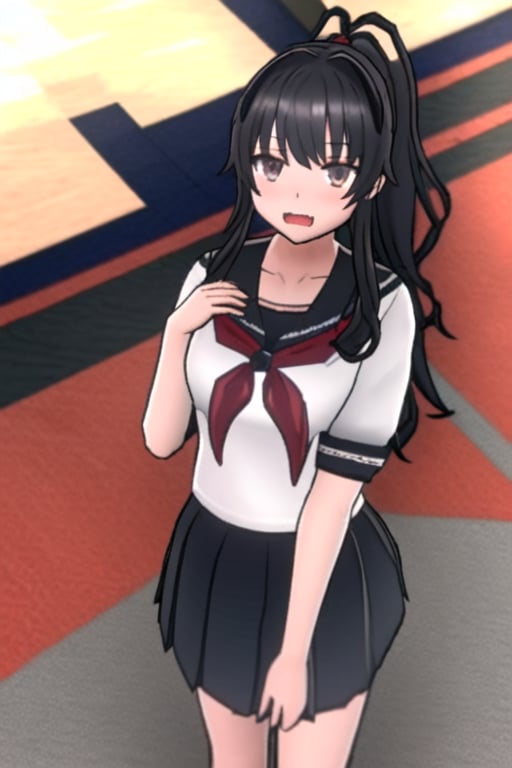 RyobaAishi, 1Girl, black serafuku, grey skirt, black hair, long hair, ponytail, dark grey eyes, Yandere Simulator Style 