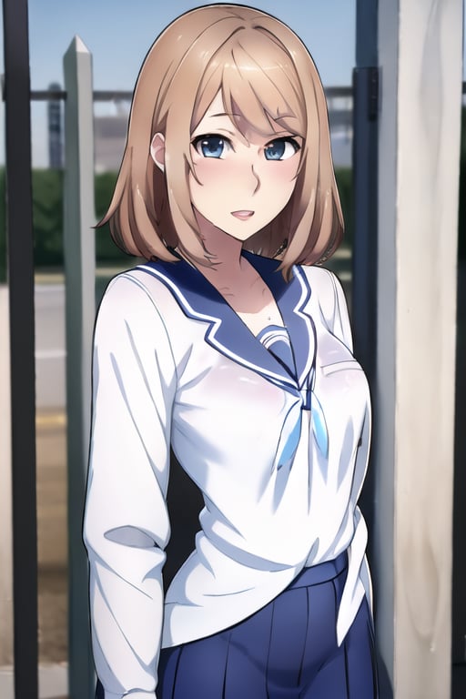 high school student,girl,school uniform(laced blouse and suit),at school gate,Best Quality, 32k, photorealistic, ultra-detailed, finely detailed, high resolution, perfect dynamic composition, beautiful detailed eyes, sharp-focus, cowboy_shot,Yandere Simulator Style 