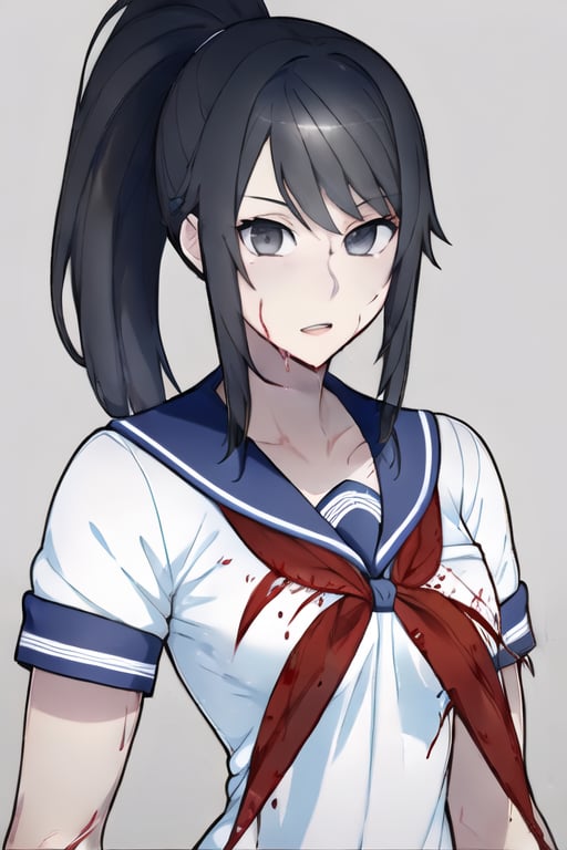 1girl, solo, long hair, breasts, looking at viewer, bangs, simple background, shirt, black hair, school uniform, collarbone, white shirt, upper body, ponytail, short sleeves, sidelocks, parted lips, serafuku, sailor collar, grey background, neckerchief, grey eyes, blood, red neckerchief, blood on face, blood on clothes,Yandere Simulator Style 