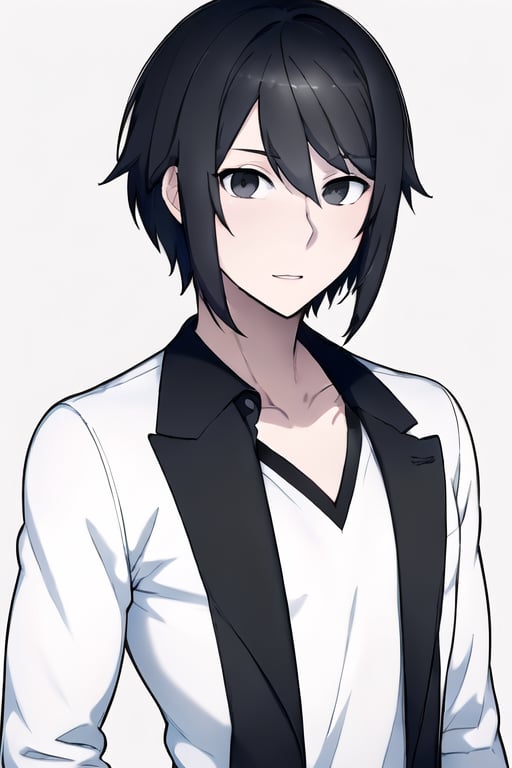 solo, looking at viewer, short hair, bangs, simple background, shirt, black hair, 1boy, white background, hair between eyes, collarbone, jacket, white shirt, upper body, male focus, parted lips, open clothes, collared shirt, black eyes, black jacket, dress shirt,Yandere Simulator Style 