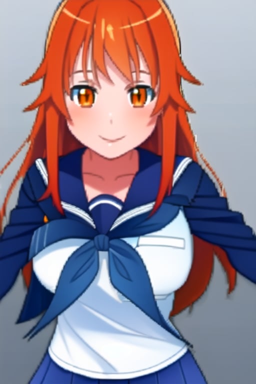 1Girl, Solo, blue school uniform, long hair, orange hair, orange eyes, smile, upper body,Yandere Simulator Style 