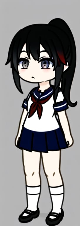 Ayano Aishi,1Girl,School uniform,Black hair,Dark grey eyes,Ponytail, white Serafuku,Pale skin, red neckerchief, blue skirt, black panyhose, white shoes, full body 