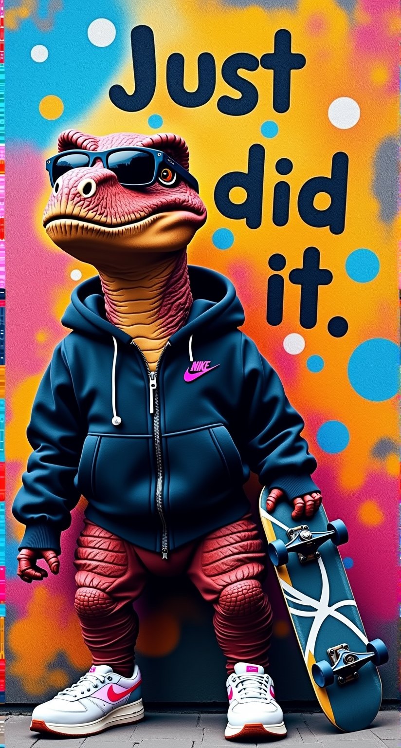 Create a graffiti on the wall: anthropomorphic Raptor (cute, smiling face), kaleidoscope of colors. The prehistoric creature sports a black Nike jacket and sports sunglasses, holding a skateboard in one hand and wearing Nike sneakers. Its sharp contours stand out against the riotous mix of hues as it proudly poses. In the background, the cheeky phrase Just did it scrawls across the wall in playful street art style, capturing the Raptor's infectious enthusiasm for 2000s hip hop culture.