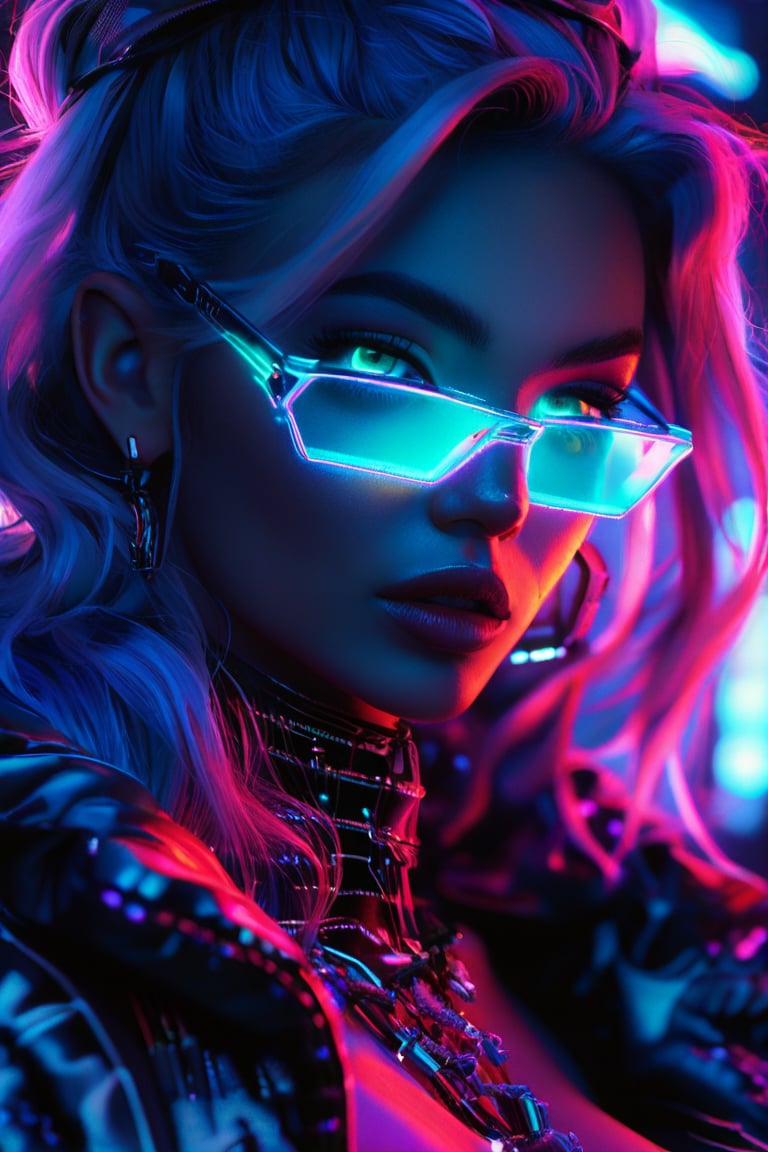 beautiful pale cyberpunk female, hyper detail, cinematic lighting, purple hair, emerald neon light city, 4k, trending on artstation, pixiv, perfect detail, Artstation illustrators, intricate details, face, passion smile, neon sunglasses, full body portrait, headshot, illustration, UHD, 4K, high resolution face, detailed face, high definition eyes, detailed eyes,cyberpunk style, cute face, anatomically correct, (sexy and aesthetic), (cybernetic, cyborg), color pallete, retro futuristic, space ship interior background, cyberpunk.